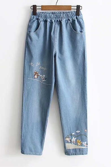 Animal Letter Embroidered Elastic Waist Straight Jeans