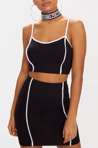 Contrast Striped Spaghetti Straps Sleeveless Crop Cami with Mini Bodycon Skirt Co-ords