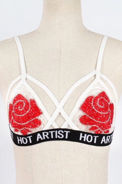 Diamante Floral Hollow Out Letter Printed Rib Trim Bralet