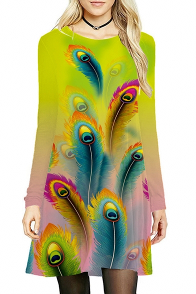 Digital Feather Printed Round Neck Long Sleeve Midi A-Line Dress