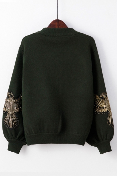 Eagle Pattern Applique Long Sleeve Stand Up Collar Zip Up Crop Jacket
