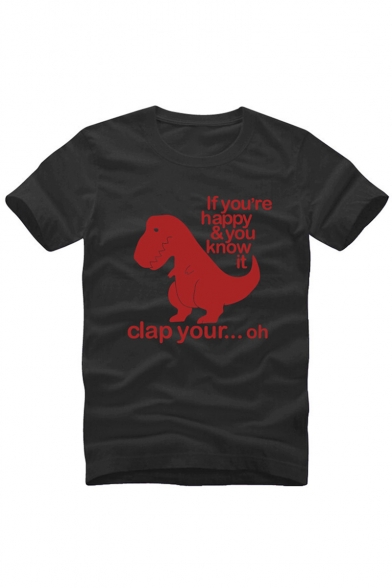 IF YOU'RE HAPPY Letter Dinosaur Printed Round Neck Short Sleeve Tee