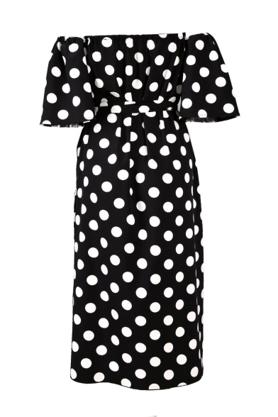 Polka Dot Printed Off The Shoulder Half Sleeve Split Side Maxi A-Line Dress
