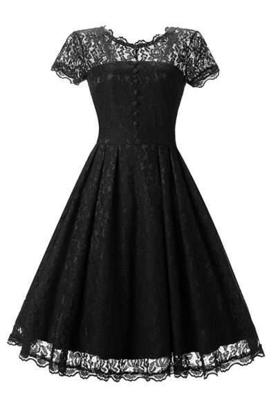 Round Neck Short Sleeve Buttons Embellished Midi A-Line Lace Dress