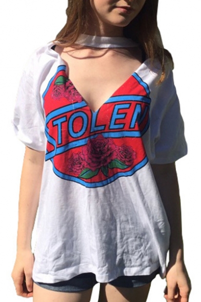 Sexy V Neck Letter Floral Printed Short Sleeve Leisure Tee