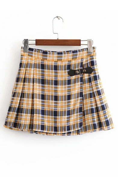 Single Button Front Plaid Printed Mini Pleated Skirt