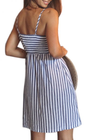 Spaghetti Straps Sleeveless Striped Printed Knotted Front Mini Cami Dress