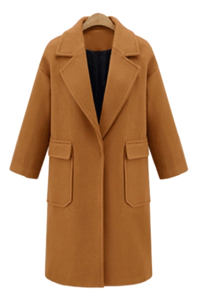 Winter Collection Notched Lapel Collar Long Sleeve Plain Tunic Woolen Coat