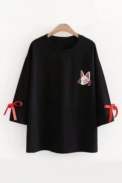 3/4 Length Sleeve Fox Printed Bow Embellished Round Neck Loose Tee