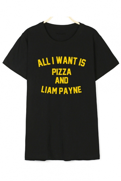 ALL I WANT IS PIZZA Letter Printed Round Neck Short Sleeve Tee