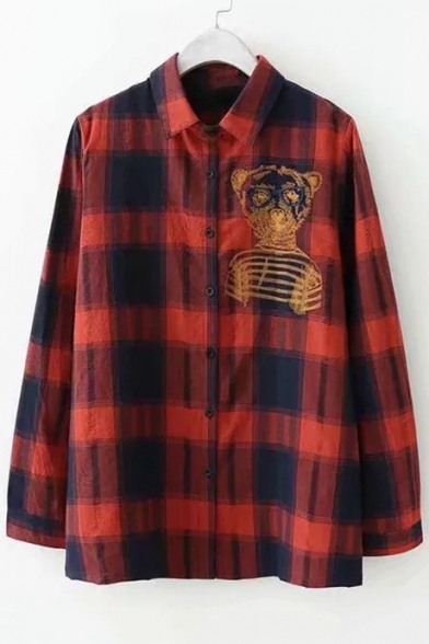 Bear Embroidered Plaid Printed Lapel Collar Long Sleeve Button Down Shirt