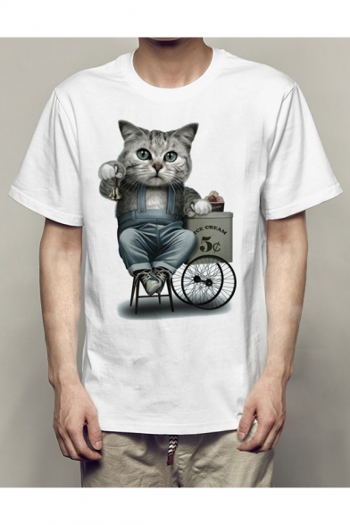 Bicycle Cat Printed Round Neck Short Sleeve Leisure Tee
