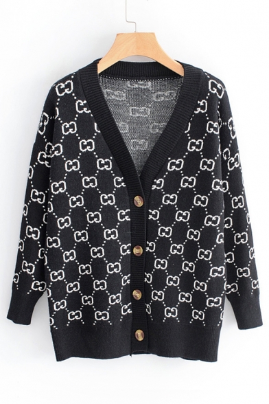 Bow Printed V Neck Long Sleeve Button Down Cardigan