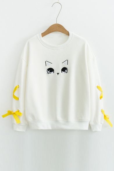 Cartoon Animal Embroidered Lace Up Detail Long Sleeve Sweatshirt