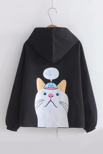 Cat Chinese Printed Back Long Sleeve Button Down Hooded Coat
