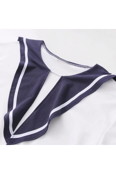 Color Block Contrast Striped Navy Collar Long Sleeve Sweatshirt