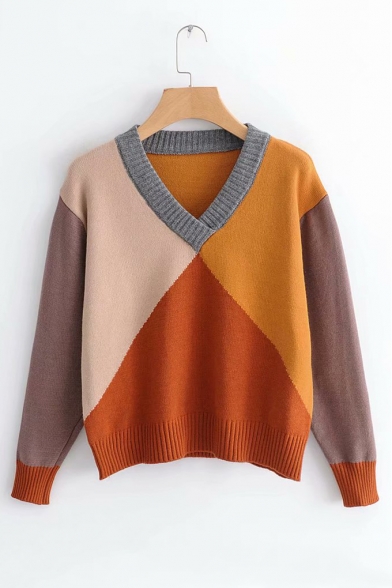Color Block V Neck Long Sleeve Sweater