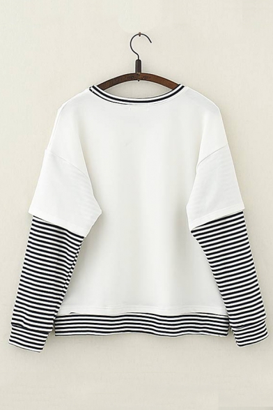 Contrast Striped Trim Fake Two Pieces Round Neck Long Sleeve Leisure Tee
