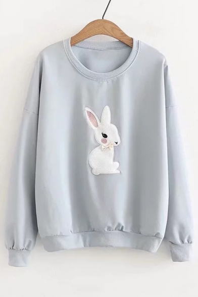 Cute Rabbit Embroidered Round Neck Long Sleeve Pullover Sweatshirt
