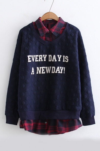 EVERY DAY IS A NEW DAY Letter Printed Fake Two Pieces Long Sleeve Plaid Patchwork Sweatshirt