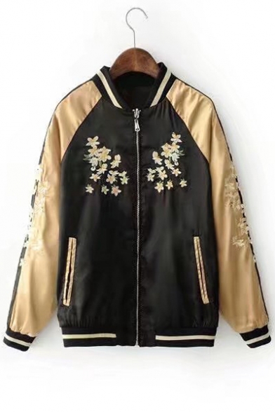 Floral Embroidered Color Block Long Sleeve Stand Up Collar Zip Up Baseball Jacket