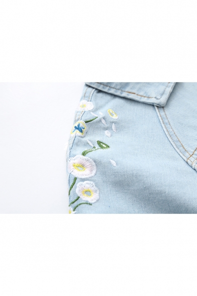 Floral Embroidered Lapel Collar Long Sleeve Bow Tie Cuff Button Down Denim Jacket