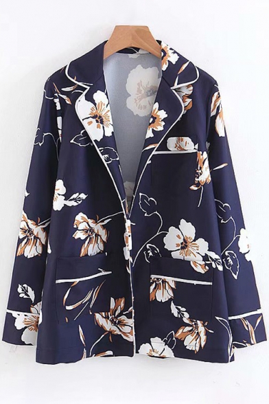 Floral Printed Notched Lapel Collar Long Sleeve Shirt