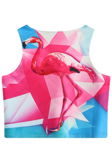 Geometric Flamingo Printed Round Neck Sleeveless Crop Tank