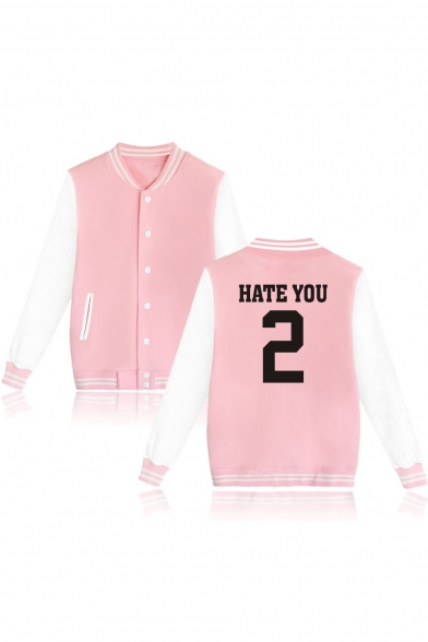 HATE YOU Letter Number Printed Color Block Contrast Striped Trim Button Down Long Sleeve Baseball Jacket