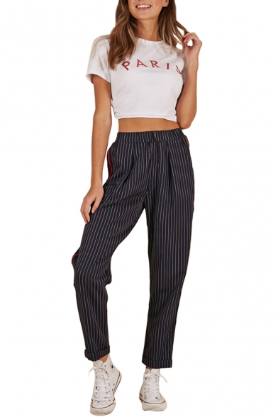 High Waist Striped Printed Leisure Contrast Braid Patched Pants