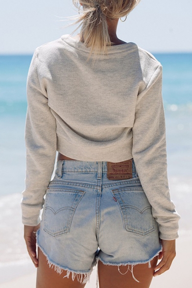 Lace Up Front V Neck Long Sleeve Plain Crop Sweatshirt