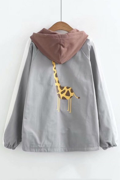 Letter Giraffe Printed Color Block Long Sleeve Zip Up Hooded Coat