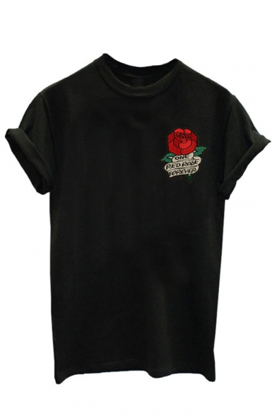 Letter Rose Embroidered Round Neck Short Sleeve Tee