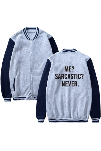 ME Letter Contrast Striped Trim Printed Color Block Long Sleeve Button Down Baseball Jacket