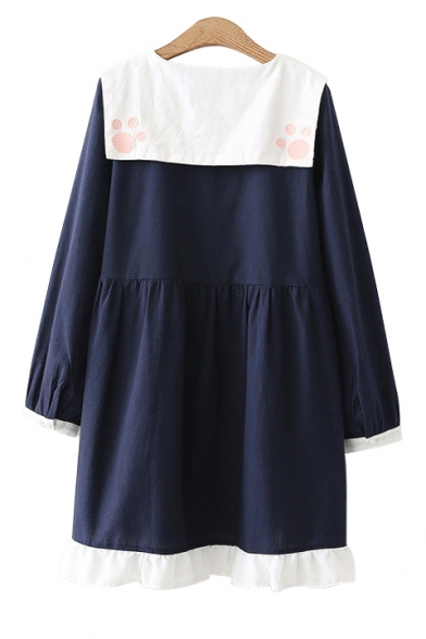 Navy Collar Cat Embroidered Long Sleeve Contrast Trim Midi Smock Dress