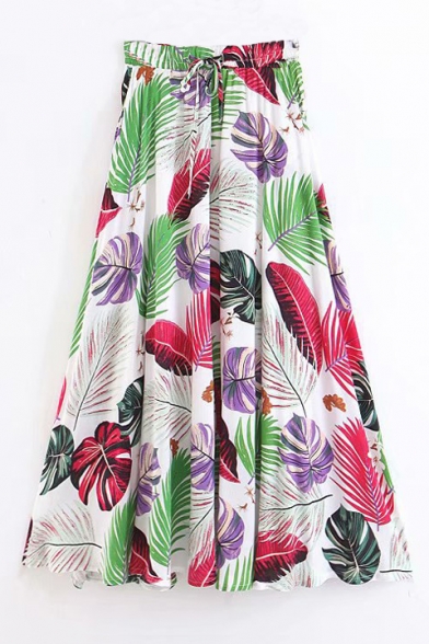 New Stylish Leaf Print Drawstring Waist Maxi Boho Skirt