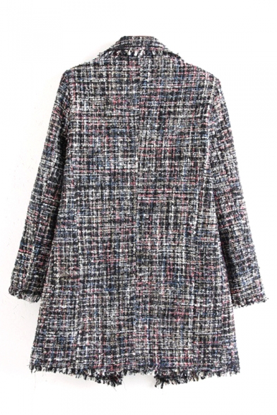 Notched Lapel Collar Long Sleeve Double Breasted Plaid Printed Tunic Coat