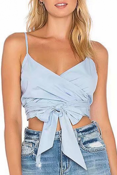 Spaghetti Straps Sleeveless Plain Knotted Front Crop Cami