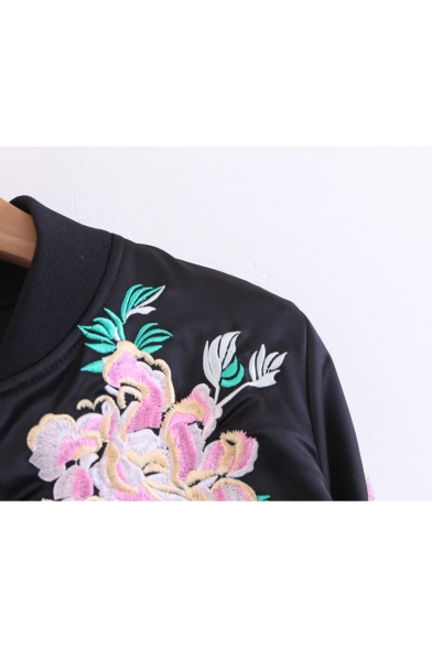 Stand Up Collar Floral Embroidered Long Sleeve Zip Up Baseball Jacket