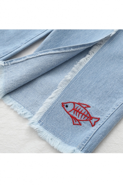 Stylish Cat Fish Embroidered Zip Fly Raw Hem Jeans