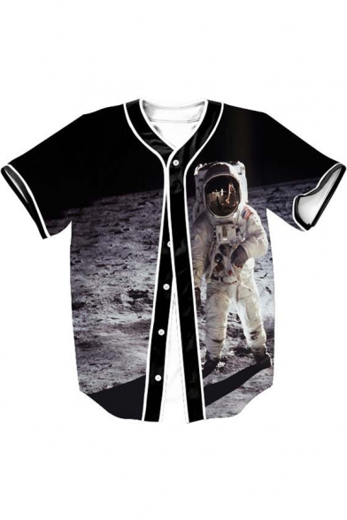 Astronaut Space Printed V Neck Button Down Short Sleeve Baseball Tee