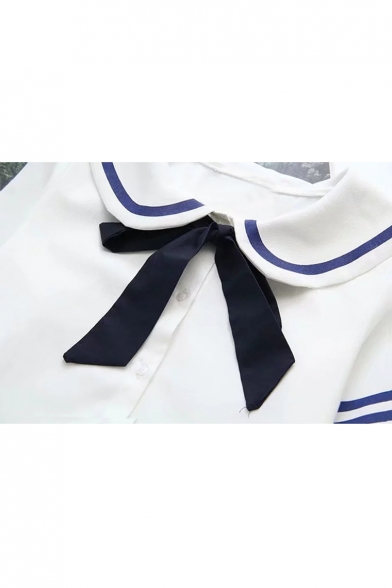 Bow Tie Navy Collar Contrast Striped Button Down Blouse