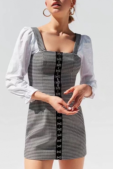 Button Front Plaid Printed Straps Sleeveless Mini Cami Pencil Dress