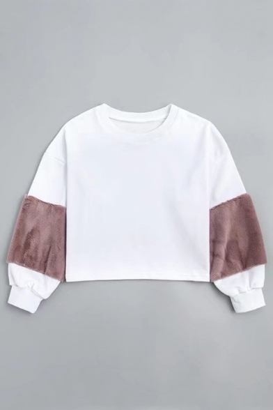 Color Block Fake Fur Patchwork Round Neck Long Sleeve Crop Sweatshirt