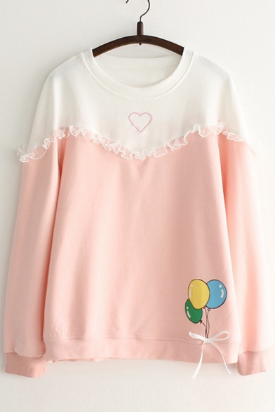 Color Block Mesh Insert Balloon Printed Round Neck Long Sleeve Pullover Sweatshirt