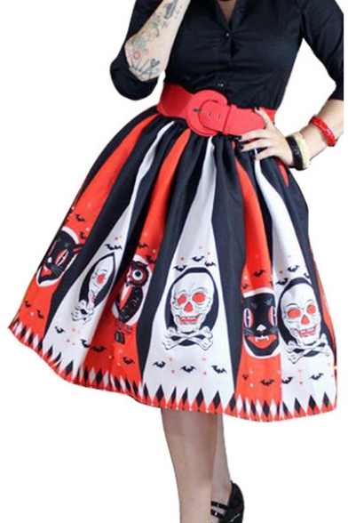 Color Block Skull Animal Printed Elastic Waist Midi Flare Skirt