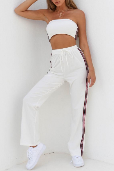 Contrast Striped Side Crop Bandeau with Drawstring Waist Leisure Pants Co-ords