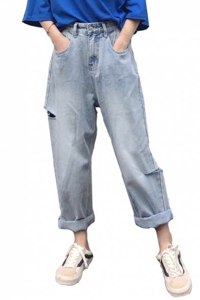 Cut Out Detail Zipper Fly Plain Loose High Waist Jeans