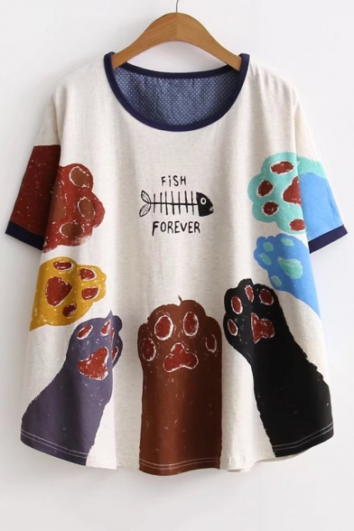 FISH Letter Paw Printed Round Neck Short Sleeve Loose Tee