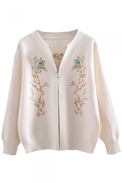 Floral Embroidered Zip Up Long Sleeve Cardigan